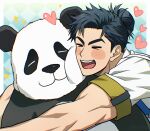  >_< 1boy :d animal_hug black_hair blush_stickers cheek-to-cheek cheek_press closed_eyes commentary_request hair_bun heads_together heart korean_commentary min_(bellta) open_mouth overwatch panda smile sparkle star_(symbol) teeth wuyang_(overwatch) xd 