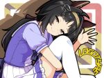  1girl ahoge animal_ears black_hair blush bow bowtie breasts brown_eyes brown_hairband brown_headband character_name closed_mouth commentary_request ear_covers hair_ornament hairband hairclip headband highres horse_ears horse_girl hugging_own_legs juan_goshi logotype_(umamusume) long_hair looking_at_viewer mismatched_ear_covers pleated_skirt puffy_short_sleeves puffy_sleeves purple_bow purple_bowtie purple_shirt sailor_collar sailor_shirt school_uniform shirt short_sleeves skirt small_breasts smile solo thighhighs tracen_school_uniform umamusume waving white_sailor_collar white_skirt white_thighhighs 