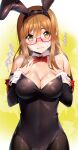  1girl absurdres animal_ears bare_shoulders breasts brown_hair cleavage covered_navel fake_animal_ears glasses highres koizumi_hanayo kunikida_hanamaru large_breasts long_hair love_live! love_live!_sunshine!! nakano_maru playboy_bunny rabbit_ears red-framed_eyewear solo 