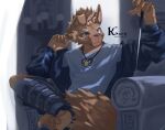 2021 5_fingers absurd_res anthro artist_name blue_clothing blue_eyes blue_jacket blue_legwear blue_shirt blue_topwear brown_body brown_fur brown_hair brown_inner_ear canid canine canis chair claws clothed clothed_anthro clothed_male clothing colored countershade_arms countershade_feet countershade_fur countershade_neck countershade_torso countershading crossed_legs dated digital_drawing_(artwork) digital_media_(artwork) domestic_dog english_text eyebrows feet finger_claws fingers floppy_ears folded_ears front_view fully_clothed fully_clothed_anthro fully_clothed_male fur furniture hair head_turned hi_res holding_knife holding_object inner_ear_fluff jacket jewelry knife kuromonsart legwear looking_at_object male mammal mouth_closed necklace on_chair open_clothing open_jacket open_topwear portrait print_clothing print_shirt print_topwear pupils shirt simple_background sitting sitting_on_chair sitting_on_throne snout solo tail tan_body tan_countershading tan_fur tan_inner_ear_fluff text three-quarter_portrait throne topwear tuft white_background white_eyebrows white_sclera