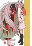  1boy 1girl absurdres ashiya_douman_(fate) asymmetrical_clothes asymmetrical_hair bell black_boots black_eyes boots commentary_request crossed_arms curly_hair earrings fate/grand_order fate_(series) fujimaru_ritsuka_(female) fujimaru_ritsuka_(female)_(decisive_battle_chaldea_uniform) grimace hair_bell hair_ornament hands_on_own_hips height_difference highres jewelry long_hair looking_at_another magatama magatama_earrings multicolored_hair orange_eyes orange_hair partial_commentary split-color_hair stare_down taruhu_(ej5_zzom) 