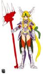  1girl armor armored_leotard bad_id blonde_hair bokkori bow breasts center_opening closed_mouth commentary_request faulds forehead_jewel full_body gem green_bow green_gem hair_bow highleg highleg_leotard holding holding_weapon legs_apart leotard long_hair low-tied_long_hair medium_breasts purple_armor purple_eyes red_thighhighs riesz seiken_densetsu seiken_densetsu_3 solo standing thighhighs weapon 