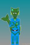  anthro aquatic belt blue_clothing blue_eyes blue_mouth bodily_fluids canid canine canis clothing damian_apostolico domestic_dog frill_(anatomy) green_body green_clothing hi_res husky hybrid jumpsuit male mammal name_tag nordic_sled_dog pale_eyes scared scoutthecat02 slim solo spitz sweat sweatdrop 