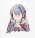  1boy 1girl adachi_sakura adachi_to_shimamura backlighting blue_hair closed_eyes coat cropped_torso dot_nose haidao_mao hand_on_another's_face hands_on_another's_arm hetero highres holding holding_ribbon light_blush medium_hair parted_lips red_ribbon ribbon scarf shimamura_hougetsu simple_background sketch solo_focus teeth upper_body white_background white_scarf 