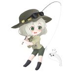  1girl ? ?? alternate_costume alternate_headwear black_boots boots chinese_commentary commentary_request deformed eyewear_on_headwear fish fish_request fishing_rod full_body green_eyes green_hair green_hat green_shorts hair_between_eyes hat highres holding holding_fishing_rod komeiji_koishi medium_hair shirt shorts simple_background solo sunglasses touhou triangle_mouth white_background wrainman yellow_shirt 