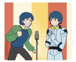  aeug blue_eyes blue_hair bow bowtie commentary_request evangelion:_30th_anniversary_special_performance gundam kamille_bidan korean_commentary mecha_pilot_suit microphone normal_suit_(gundam) riye_1026 scene_reference spacesuit sweater yellow_bow yellow_bowtie zeta_gundam 