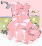 anthro backsack balls bathing belly big_belly blush breath cartoon_network digging_into_butt english_text fur genitals half-closed_eyes hand_on_butt hi_res lagomorph leporid male mammal mature_anthro mature_male moobs motion_lines narrowed_eyes nude overweight overweight_anthro overweight_male pink_body pink_fur rabbit richard_watterson shower showering side_moob soap solo sound_effects steam text the_amazing_world_of_gumball wet wyrming