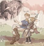 anthro belt black_clothing black_leggings black_legwear blue_clothing blue_shirt blue_topwear boots bottomwear brown_body brown_fur brown_hair buckteeth cherry_blossom circle_eyebrows clothing dialogue digit_ring duo ears_back eyebrows fantasy female flashback flower footwear fur gloves grass hair handwear hi_res human jewelry lagomorph laugh leaning_on_another leggings legwear leporid level_difference level_number long_ears long_skirt magic_user male male/female mammal multicolored_body multicolored_fur multicolored_hair open_mouth outside oversized_clothing pants pattern_clothing pivoted_ears plant prunus_(flower) rabbit red_clothing red_gloves red_handwear ring robe romantic romantic_couple shirt shoes simple_background sitting skirt smile staff stirrup_legwear striped_clothing stripes sweater tateoftot teeth topwear tree turtleneck undershirt v-neck wedding_ring white_body white_clothing white_flower white_fur white_hair white_shirt white_topwear