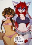anthro blush bone_gag bottomwear bra braided_pigtails breasts brown_body brown_fur brown_hair camel_toe canid canine canis cleavage clothed clothing collar domestic_cat domestic_dog duo felid feline felis female female/female fur gag gagged hair hand_on_shoulder hi_res hotpants leash leashed_collar mammal nipple_outline purple_eyes red_hair shorts sports_bra star_(vtza) tail tail_motion tailwag thigh_gap thong underwear vtza wide_hips