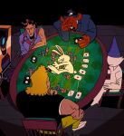 2k_games ambiguous_gender anthro ash_williams betting borderlands brock_samson canid canine card chair claptrap clothing dunce_cap evil_dead frustrated full_house_(card_hand) furniture gambling group hand_on_face hat headgear headwear hi_res human humanoid lagomorph leporid machine male mammal max_(sam_and_max) nei_mar playing_card poker_chip poker_night_at_the_inventory poker_table rabbit robot sam_and_max samuel_dog sitting toothpick venture_brothers