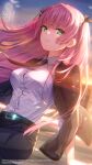  1girl aikawa_megumi aikawa_megumi_(twilight_maturation) backlighting belt black_belt black_jacket black_necktie black_pants black_ribbon blurry blurry_background breasts closed_mouth collared_shirt dress_shirt dutch_angle eyes_visible_through_hair floating_hair floating_neckwear glint green_eyes hair_between_eyes hair_ribbon heaven_burns_red highres jacket jacket_on_shoulders large_breasts light_particles long_hair long_sleeves looking_at_viewer necktie official_alternate_costume official_art official_wallpaper orange_sky outdoors pants pink_hair ribbon shirt sidelocks sitting sky sleeves_rolled_up smile solo sunset two_side_up very_long_hair white_shirt wind 