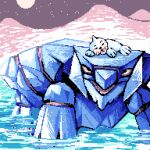  avalugg closed_eyes commentary english_commentary fangs highres limited_palette no_humans on_head open_mouth outdoors pixel_art pokemon pokemon_(creature) pokemon_focus pokemon_on_head seel sky sleeping slugpuppie tongue tongue_out wading water 