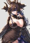  1girl animal_ears black_dress black_nails blindfold blue_hair breasts brown_dress brown_hair brown_horns cleavage cleavage_cutout clothing_cutout colored_blindfold commentary_request dress drill_hair drill_ponytail extra_ears fingernails galleon_(granblue_fantasy) galleon_(life's_compassionate_observer)_(granblue_fantasy) granblue_fantasy grey_background highres horns koretsuki_azuma large_breasts lips long_hair long_sleeves multicolored_hair nail_polish official_alternate_costume pointy_ears revision simple_background smile solo streaked_hair two-tone_hair very_long_hair 