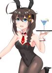  1girl absurdres ahoge alternate_costume animal_ears black_hair black_leotard black_pantyhose blue_eyes braid breasts cleavage cocktail_glass commentary_request covered_navel cowboy_shot cup detached_collar drink drinking_glass hair_flaps hair_ornament hair_over_shoulder highres kantai_collection leotard mashiro_shin&#039;ya medium_breasts necktie pantyhose playboy_bunny rabbit_ears red_necktie shigure_(kancolle) shigure_kai_ni_(kancolle) single_braid solo standing standing_on_one_leg strapless strapless_leotard tray white_background wrist_cuffs 