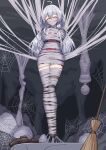  3girls absurdres ahoge bdsm bondage bound broom closed_eyes commentary_request elaina_(majo_no_tabitabi) full_body gagged grey_hair highres jacket loafers long_hair majo_no_tabitabi multiple_girls mummification_(bound) purple_jacket purple_skirt red_shirt second-party_source shirt shoes silk skirt spider_web suspension t_zhonglang thighhighs unworn_shoes upside-down variant_set 