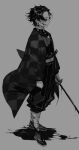  1boy absurdres belt blood blood_drip blood_on_face blood_on_weapon checkered_haori clenched_hand closed_mouth commentary_request demon_slayer_uniform earrings floating_hair from_side full_body greyscale hanafuda_earrings haori highres holding holding_sword holding_weapon hrak_mumi japanese_clothes jewelry kamado_tanjirou katana kimetsu_no_yaiba male_focus monochrome sandals scabbard scar scar_on_face scar_on_forehead shadow sheath sheathed short_hair solo standing sword twitter_username weapon 