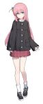  1girl alternate_costume black_jacket blue_eyes bocchi_the_rock! commentary cube_hair_ornament full_body gotoh_hitori hair_ornament hanavvi highres jacket long_hair pink_hair plaid_clothes plaid_skirt red_skirt shoes simple_background skirt sneakers socks solo white_background white_socks 