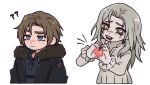  1boy 1girl ? beard_stubble black_coat black_shirt blood blood_from_mouth brown_hair chibi chibi_only closed_mouth coat colored_sclera dress facial_hair fur-trimmed_coat fur_trim furrowed_brow grey_eyes grey_hair heart heart_hands iluvmyhamster69 lazy_eye leon_s._kennedy long_hair long_sleeves open_mouth parted_bangs red_sclera resident_evil resident_evil_requiem selena_corey shirt short_hair smile stubble upper_body white_dress 