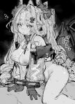  1boy 1girl absurdres arknights arknights:_endfield bare_shoulders breasts cleavage commentary_request cowgirl_position detached_sleeves dragon_girl dragon_horns dragon_tail gloves hair_intakes highres horns hypnosis large_breasts long_hair mind_control monochrome nipples paofan pointy_ears sex sidelocks straddling tail translation_request yvonne_(arknights) 