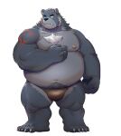  2022 anthro belly big_belly black_nose clothing cute_fangs hi_res humanoid_hands kemono male mammal moobs navel nipples overweight overweight_male simple_background solo uken_l underwear ursid 