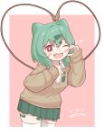  1girl absurdres bandaid bandaid_on_leg bandaid_on_thigh blush blush_stickers breasts brown_sweater bulbasaur collarbone collared_shirt commentary_request fangs green_hair green_skirt gyaru gyaru_bulbasaur_(shin_no_tenpii) hair_between_eyes half-heart_hands heart highres leaning_forward long_sleeves looking_at_viewer miniskirt one_eye_closed open_mouth owlsoda personification plant pleated_skirt pokemon pokemon_pokopia red_eyes shirt skirt smile solo sweater thighhighs vines white_shirt white_thighhighs 