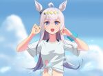  1girl :d ahoge animal_ears bangs blue_eyes blue_sky blurry blurry_background cloud collarbone commentary_request day depth_of_field gaze_on_me!_outfit_(umamusume) grey_hair hair_between_eyes hands_up highres horse_ears looking_at_viewer navel oguri_cap_(umamusume) outdoors shirt short_sleeves sky smile solo taka_(takahirokun) tied_shirt umamusume upper_body v-shaped_eyebrows white_shirt 