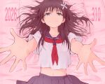  1girl absurdres black_hair blue_eyes blue_sailor_collar blue_skirt closed_mouth dated flower from_above hair_flower hair_ornament hashtag-only_commentary highres hug_invitation long_hair looking_at_viewer lying midriff musaki_(msaki666) navel neckerchief on_back outstretched_arms pleated_skirt red_neckerchief sailor_collar sakugawa_school_uniform saten_ruiko school_uniform serafuku shirt short_sleeves skirt smile solo summer_uniform toaru_kagaku_no_railgun toaru_majutsu_no_index white_shirt 