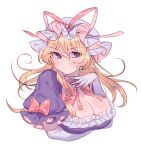  1girl :/ absurdres arm_under_breasts blonde_hair blush breasts cleavage closed_mouth commentary_request cropped_torso elbow_gloves floating_hair frills gloves hand_up hat hat_ribbon highres large_breasts long_hair looking_to_the_side masanaga_(tsukasa) mob_cap puffy_short_sleeves puffy_sleeves purple_eyes ribbon short_sleeves simple_background solo touhou upper_body white_background white_gloves yakumo_yukari 