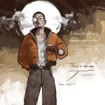  1boy arm_behind_back azzz_6687 belt black_eyes black_hair bomber_jacket buzz_cut cigarette disco_elysium english_text gloves hashtag-only_commentary highres holding holding_cigarette jacket kim_kitsuragi looking_at_viewer male_focus orange_gloves orange_jacket round_eyewear shirt shirt_tucked_in short_hair smoke smoke_trail smoking solo source_quote sun_behind_head very_short_hair white_shirt 