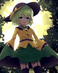  1girl absurdres black_hat black_thighhighs bow buttons chinese_commentary collared_shirt commentary_request diamond_button forest frilled_shirt_collar frilled_sleeves frills garter_straps green_eyes green_hair green_skirt hat hat_bow highres komeiji_koishi long_sleeves looking_at_viewer nature open_mouth outdoors shirt skirt skirt_hold smile solo thighhighs touhou wide_sleeves wrainman yellow_bow yellow_shirt 