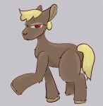 2023 blonde_hair brown_body brown_fur brown_hooves digital_media_(artwork) english_description eyelashes female feral fluffy_pony fluffy_pony_(species) frown fur genitals grey_background hair half-closed_eyes hooves julie_(artist) looking_at_viewer mammal mouth_closed narrowed_eyes quadruped red_eyes side_view simple_background solo standing tail vulva yellow_tail