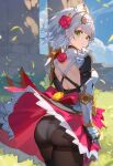  1girl ai-generated apron armor armored_dress ass asymmetrical_clothes backless_dress backless_outfit black_pantyhose braid brick_wall clothes_lift commentary dress dress_lift flower from_behind genshin_impact grass green_eyes hair_flower hair_ornament headdress highres looking_at_viewer looking_back maid_apron maid_headdress noelle_(genshin_impact) panties panties_under_pantyhose pantyhose pauldrons red_dress red_flower red_rose rose shoulder_armor smile solo thighband_pantyhose underwear untranslatable_commentary white_apron white_armor white_panties white_trim wind wind_lift yngg224556 