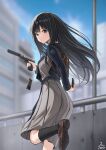  1girl absurdres arm_behind_back backpack bag black_hair black_socks blue_ribbon blue_sky blurry blurry_background breasts closed_mouth dress glint gun handgun highres holding holding_gun holding_magazine_(weapon) holding_weapon hz_(helu_2) inoue_takina loafers long_hair looking_at_viewer looking_to_the_side lycoris_recoil lycoris_uniform magazine_(weapon) neck_ribbon outdoors pleated_dress purple_eyes railing reloading ribbon shoes sky socks solo standing standing_on_one_leg suppressor weapon 