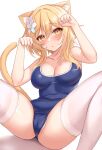  1girl absurdres alternate_costume animal_ears blue_one-piece_swimsuit blush breasts cameltoe cat_ears cat_girl cat_tail cleavage commentary_request covered_navel feet_out_of_frame flower genshin_impact hair_flower hair_ornament hayasaka_(a865675167774) highres kemonomimi_mode large_breasts lumine_(genshin_impact) m_legs one-piece_swimsuit parted_lips paw_pose school_swimsuit short_hair_with_long_locks simple_background sitting solo spread_legs swimsuit tail thighhighs white_background white_flower white_thighhighs yellow_eyes yellow_tail 