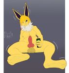 animal_genitalia anthro balls big_breasts breasts digital_drawing_(artwork) digital_media_(artwork) eeveelution erection fan_character fur generation_1_pokemon genitals gynomorph hair hi_res intersex jolteon malekart nintendo nipples nude penis pokemon pokemon_(species) signature simple_background smile solo spread_legs spreading yellow_body yellow_fur