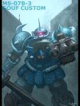  aiming aiming_at_viewer antennae arm_mounted_weapon armor artist_name bottoms1237 building character_name city day debris facing_viewer glowing glowing_eyes gouf_custom gun gundam gundam_08th_ms_team heat_saber highres holding holding_gun holding_sword holding_weapon joints mecha mecha_focus mixed-language_commentary mobile_suit no_humans no_pupils one-eyed outdoors pink_eyes robot robot_joints science_fiction scope shoulder_armor shoulder_spikes signature sky spikes sword weapon zeon 