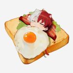  1boy animal_ears bacon boku_no_hero_academia bread bread_slice burn_scar cat_boy cat_ears cat_tail chibi chibi_only closed_eyes closed_mouth commentary_request egg_(food) food fried_egg hair_between_eyes hrak_mumi lettuce lying male_focus multicolored_hair nose_bubble on_back on_food paw_print red_hair red_tail scar scar_on_face short_hair simple_background sleeping solo split-color_hair tail todoroki_shoto twitter_username two-tone_hair under_covers white_background white_hair 