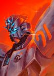  blue_eyes f91_gundam glowing glowing_eye gundam gundam_f91 mecha mecha_focus mobile_suit no_humans portrait red_background robot science_fiction solo strictly_mecha v-fin 