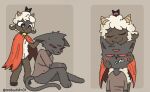 3_eyes ambiguous_gender annoyed anthro arm_scar bared_teeth bell bell_collar black_body black_fur black_nose blush bovid brown_body brown_clothing caprine cloak cloak_only clothing collar crown cult_of_the_lamb domestic_cat duo eyes_closed felid feline feline_ears felis fluffy frown fur hand_on_head headgear hi_res holding_head hooves horn lamb_(cult_of_the_lamb) looking_at_another looking_away looking_up male mammal massive_monster_(studio) multi_eye narinder nobuddy paws red_cloak red_clothing red_eyes red_sclera resting_head resting_on_partner scar sheep shirt simple_background sitting smile standing tail topwear tunic white_body white_fur white_sclera wool_(fur)