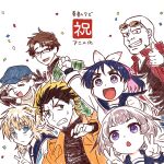  3girls 4boys arm_up bald black_gloves blonde_hair blue_eyes blue_hat blue_sailor_collar bright_pupils brown_hair brown_jacket brown_shirt chestnut_mouth clenched_hands clenched_teeth closed_eyes colored_inner_hair commentary_request cross-shaped_pupils double_v eyewear_on_head glasses gloves green_eyes green_jacket grey_hair grin hair_ribbon hat highres indou_yukine ishino_(scum_of_the_brave) jacket jougamine_aki kashiwagi_sara long_sleeves looking_at_viewer marker_(medium) maruta_(scum_of_the_brave) multicolored_hair multiple_boys multiple_girls nakashima_(middle_earth) newsboy_cap open_mouth partially_colored pink_eyes pink_hair purple_eyes purple_hair red_eyes red_jacket ribbon sailor_collar salt_joe school_uniform scum_of_the_brave semi-rimless_eyewear shirt short_hair small_sweatdrop smile streaked_hair sunglasses symbol-shaped_pupils teeth thumbs_up traditional_media translation_request two-tone_hair under-rim_eyewear v v-shaped_eyebrows white_pupils white_ribbon white_shirt yashiro_(scum_of_the_brave) 