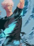 1boy absurdres adam's_apple arms_up biceps black_shirt blue_background blue_eyes closed_mouth colored_eyelashes commentary_request compression_shirt eyelashes gojou_satoru highres jujutsu_kaisen male_focus muscular muscular_male naspibon_ox shirt short_hair simple_background smile solo teeth white_eyelashes white_hair 