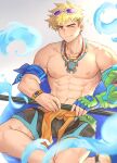  1boy abs armband asymmetrical_hair bare_shoulders black_pants blonde_hair brown_eyes closed_mouth clothes_around_waist collarbone crossed_legs earrings eyewear_on_head fangs fingerless_gloves gloves highres holding holding_polearm holding_weapon jacket jacket_around_waist jewelry large_pectorals male_swimwear mexil_eyen multiple_necklaces muscular muscular_male necklace nipples official_alternate_costume one_eye_closed overwatch pants pectoral_cleavage pectorals polearm sidecut simple_background single_glove sitting star_(symbol) sunglasses swimsuit topless_male turtle undercut watch water weapon wristwatch wuyang_(overwatch) wuyang_(poolside)_(overwatch) 
