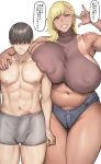  1boy 1girl abs black_hair blue_eyes blush breasts brown_hair bulge commentary_request erection erection_under_clothes large_areolae large_breasts long_hair looking_at_viewer male_underwear mature_female muscular navel nipple_indents nipples open_mouth original paid_reward_available penis penis_peek pepe_(jonasan) pubic_hair short_hair simple_background smile teeth translation_request underwear 