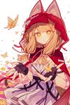  1girl :o ai-generated animal_ear_fluff animal_ears arknights arknights:_endfield baitang_qaq black_gloves blonde_hair bug butterfly commentary commentary_request dress fingerless_gloves fingernails flower gloves highres open_hands open_mouth petals red_hood rossi_(arknights) sleeveless sparkling_eyes strap tail white_background white_dress wolf wolf_girl wolf_tail yellow_eyes 