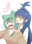  2girls absurdres anger_vein biting biting_ear blue_eyes blue_vest blush breasts brown_sweater bulbasaur collared_shirt commentary_request earclip fangs green_hair gyaru_bulbasaur_(shin_no_tenpii) hair_between_eyes heracross highres long_hair long_sleeves multiple_girls necktie open_mouth owlsoda personification pokemon pokemon_(anime) pokemon_(classic_anime) pokemon_pokopia red_eyes shirt short_hair simple_background sweat sweater topknot vest white_background white_shirt yellow_eyes yellow_necktie 