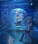  1girl absurdres aqua_hair aqua_necktie aqua_trim aquarium arm_up auhuheben17 bead_curtain black_boots black_eyes black_skirt black_sleeves blush boots ceiling_light collared_shirt commentary_request grey_shirt hair_ornament hatsune_miku highres legs_apart long_hair necktie parted_lips photo_background pleated_skirt shirt skirt sleeveless sleeveless_shirt solo thigh_boots tile_floor tiles twintails very_long_hair vocaloid 