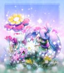  alternate_color closed_mouth commentary deviantart_username english_commentary flower grass highres joannazelle nidoran nidoran_(female) open_mouth outdoors pokemon pokemon_(creature) pokemon_focus purple_eyes shiny_pokemon signature skiploom smile sparkle steenee tumblr_username web_address 