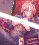  1girl arbiter1 argyle_cape argyle_clothes azur_lane between_breasts black_cape black_dress black_gloves blush breasts brown_hair cape character_name clemenceau_(azur_lane) clothing_cutout collarbone commentary cross crown dress elbow_gloves fur-trimmed_cape fur_trim gloves hair_between_eyes highres hip_vent jewelry large_breasts light_censor long_hair looking_at_viewer lying on_back paid_reward_available parted_lips red_eyes sidelocks solo strapless strapless_dress sweat tight_clothes tight_dress tilted_headwear two-sided_cape two-sided_fabric two-tone_cape 