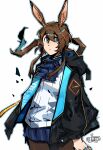  1girl absurdres amiya_(arknights) animal_ears arknights artist_logo ascot black_jacket black_pantyhose blue_ascot blue_collar blue_eyes blue_outline blue_skirt brown_hair brown_pantyhose closed_mouth clothes_writing collar cowboy_shot cropped_legs graysheartart hair_between_eyes highres hood hood_down hooded_jacket jacket jewelry logo long_hair long_sleeves looking_at_viewer miniskirt multiple_rings neck_ring open_clothes open_jacket outline pantyhose pleated_skirt ponytail rabbit_ears rabbit_girl ring shirt sidelocks signature simple_background skirt solo thumb_ring white_background white_outline white_shirt 