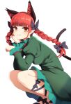  1girl :3 animal_ears black_shoes blush braid breasts cat_ears cat_girl cat_tail commentary_request dress earrings extra_ears fang footwear_ribbon from_side green_dress hair_ribbon head_rest highres jewelry kaenbyou_rin long_hair long_sleeves looking_at_viewer medium_breasts paw_pose pointy_ears red_eyes red_hair ribbon shoes smile solo squatting tail touhou twin_braids wakadori1234 white_background 